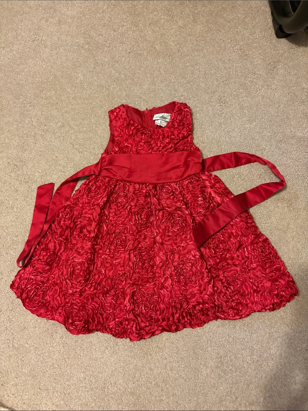 Red Floral Satin Sash Kids Dress Flowers Roses Ivory Cardigan Holiday Christmas